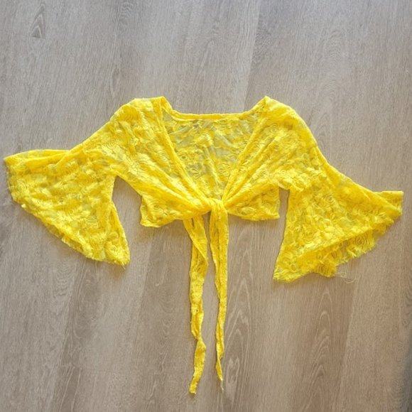 iHeartRaves Tops - Yellow Cropped Lace Shrug w Bell Sleeves